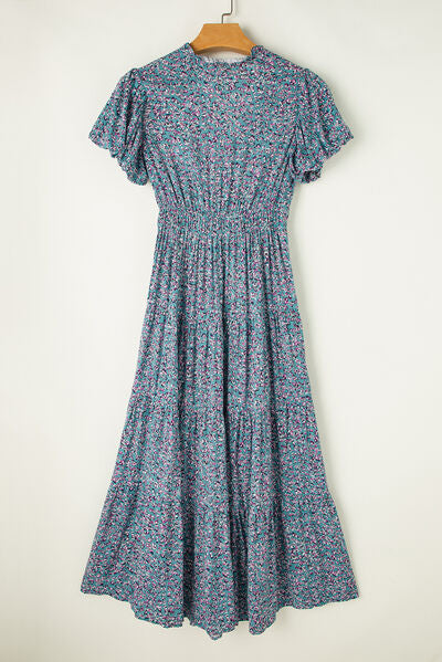 Tiered Printed Notched Short Sleeve Dress - Pahabu - Women's Clothing & Shop