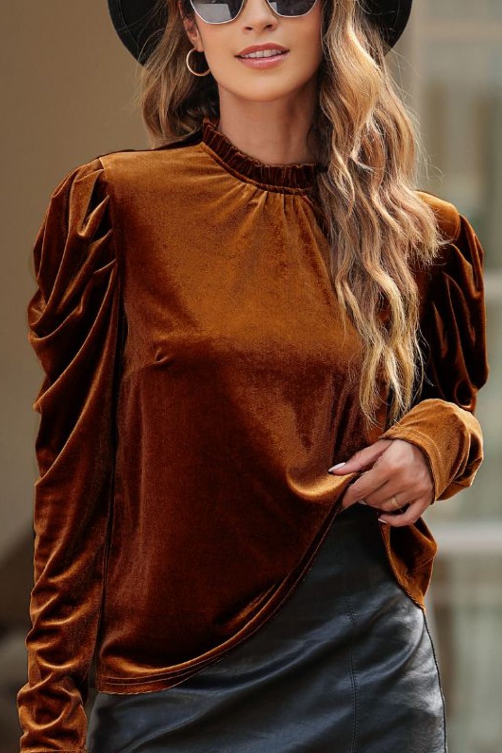Frill Mock Neck Puff Sleeve Blouse - Pahabu - Women's Clothing & Shop
