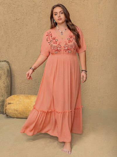 Plus Size Frill Embroidered V-Neck Half Sleeve Maxi Dress - Pahabu - Women's Clothing & Shop