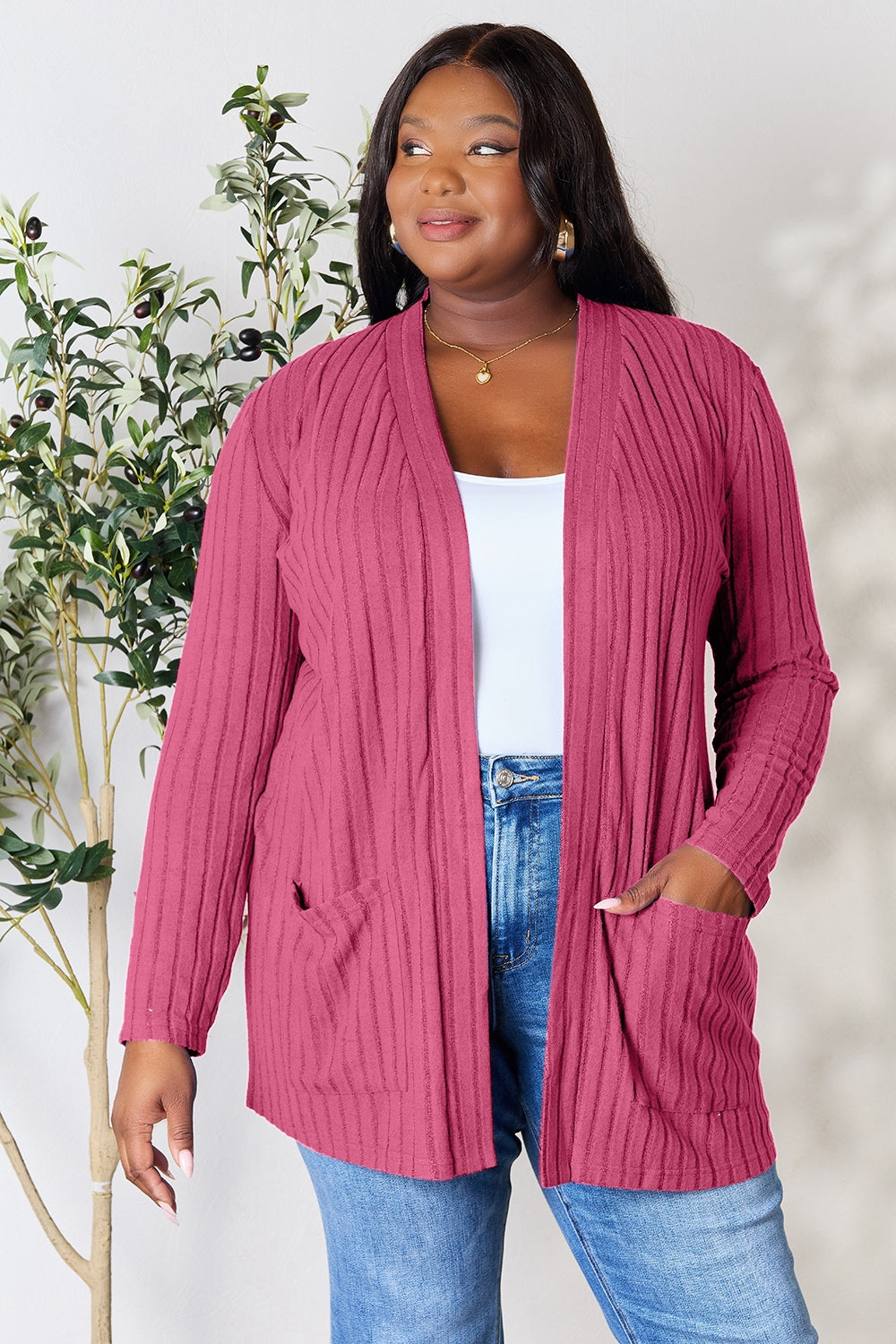 Basic Bae Full Size Ribbed Open Front Cardigan with Pockets