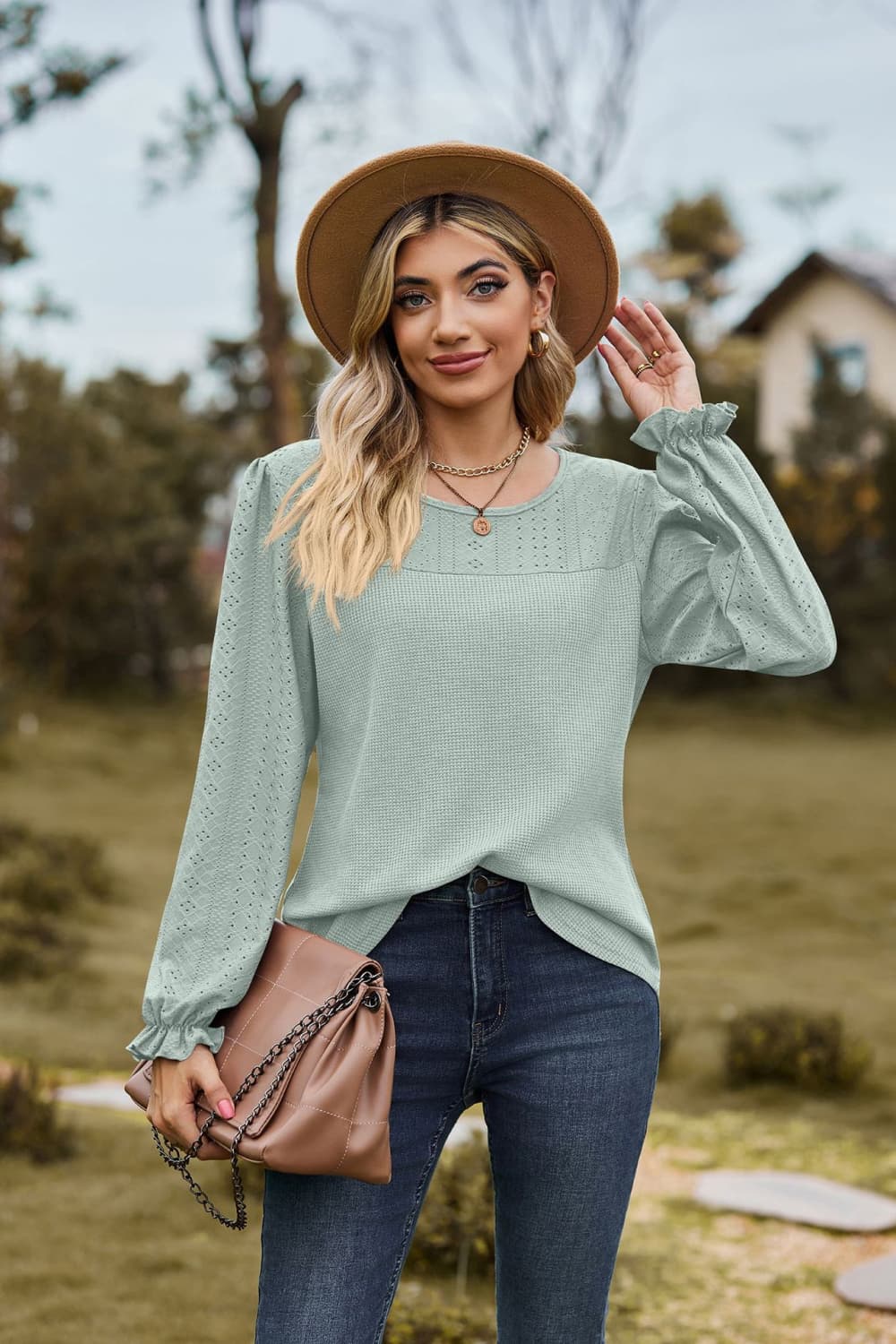 Round Neck Puff Sleeve Blouse - Pahabu - Women's Clothing & Shop