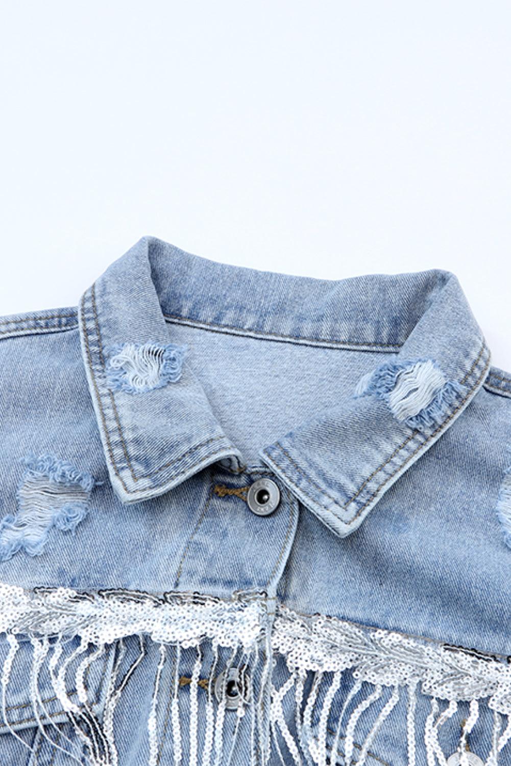 Sequin Fringe Trim Distressed Button Up Denim Jacket - Pahabu - Women's Clothing & Shop