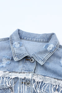 Sequin Fringe Trim Distressed Button Up Denim Jacket - Pahabu - Women's Clothing & Shop