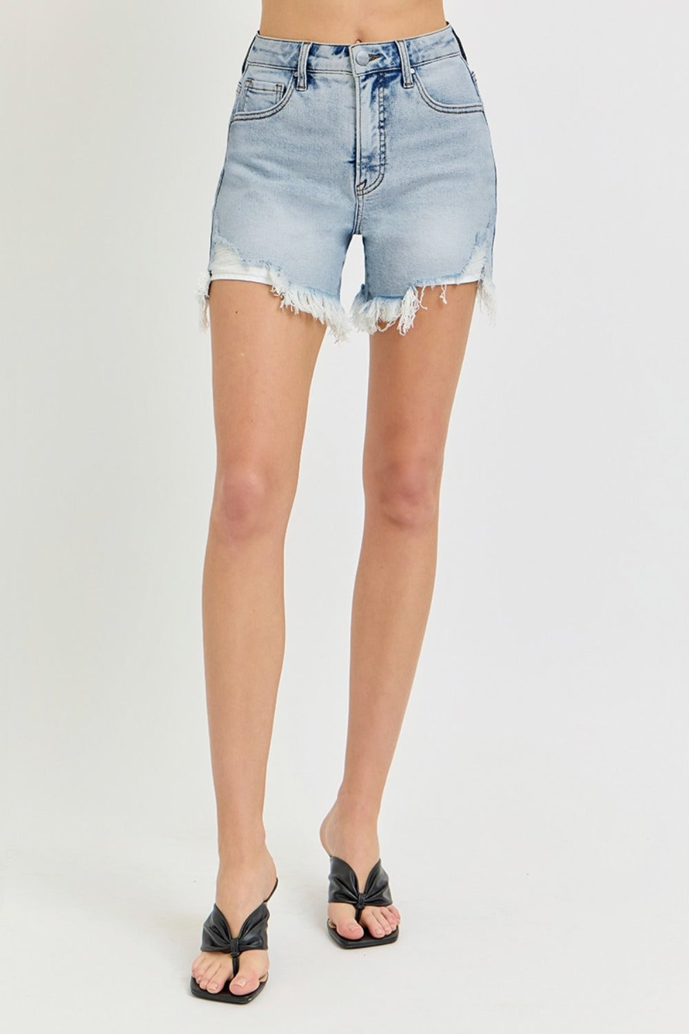 RISEN High Rise Side Step Hem Denim Shorts