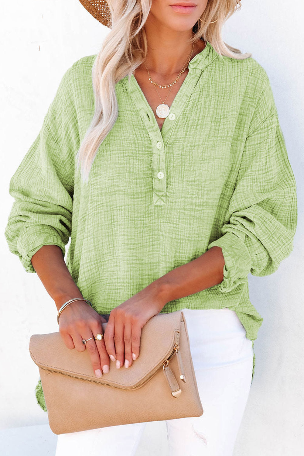 Buttoned Long Sleeve Blouse - Pahabu - Women's Clothing & Shop