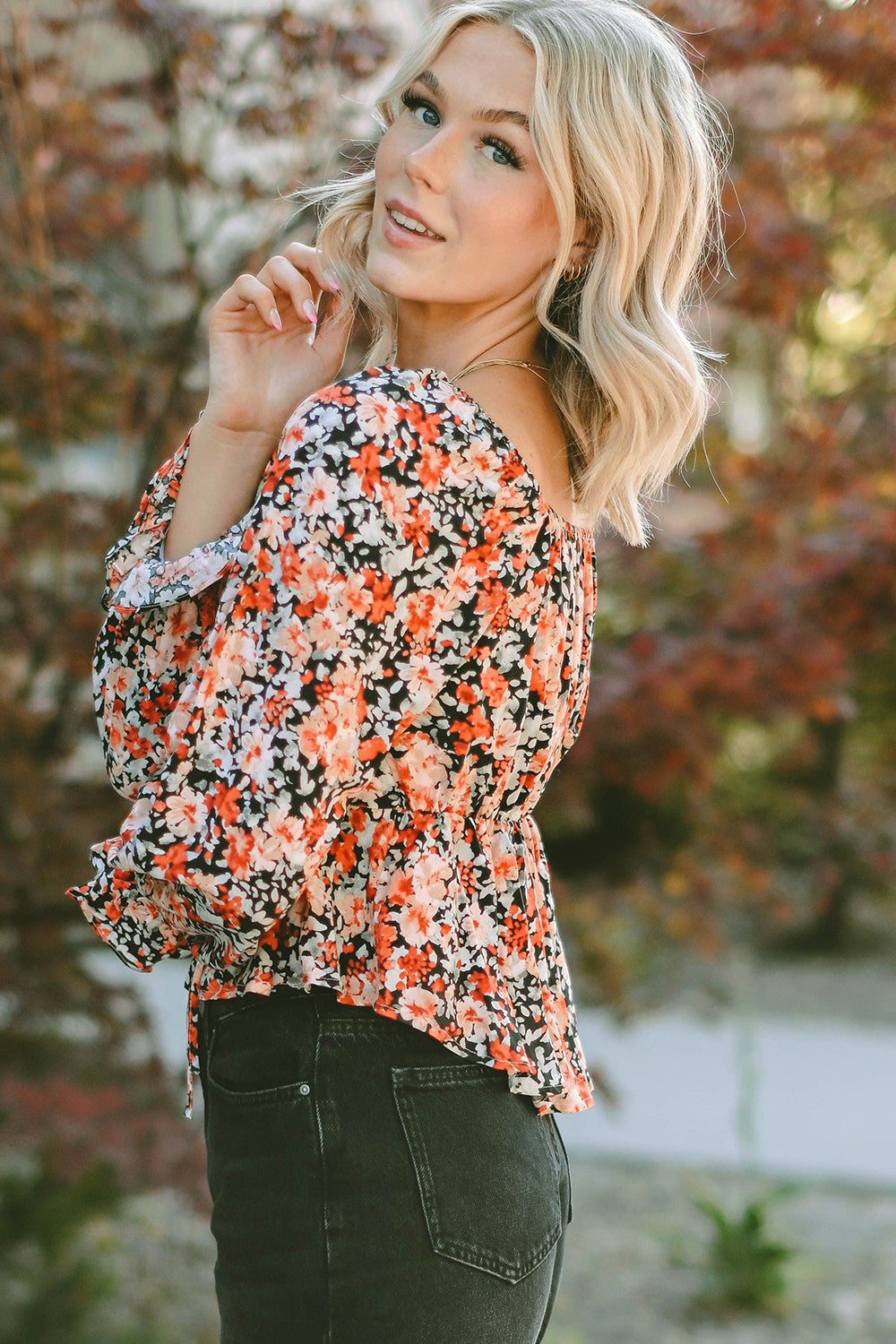Floral Tied Flounce Sleeve Peplum Blouse - Pahabu - Women's Clothing & Shop