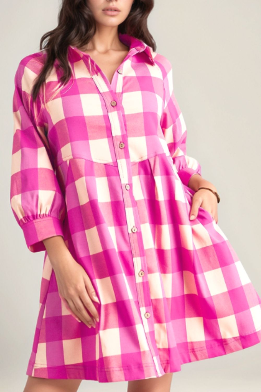 Ruched Plaid Three-Quarter Sleeve Shirt Dress - Pahabu - Women's Clothing & Shop