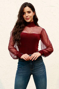 Mesh Long Sleeve Velvet Bodysuit - Pahabu - Women's Clothing & Shop