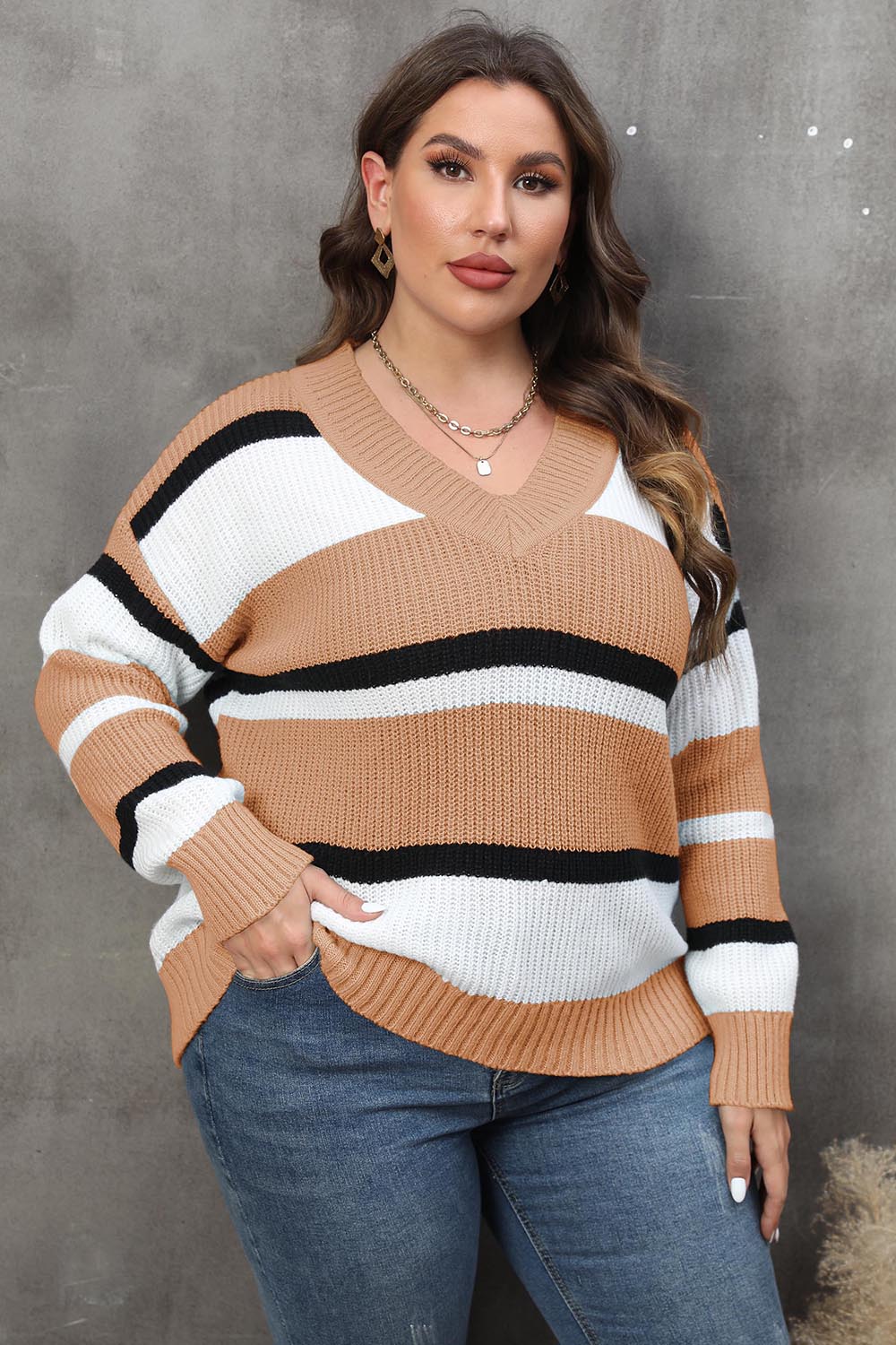 Plus Size Striped V-Neck Dropped Shoulder Sweater - Pahabu - Women's Clothing & Shop