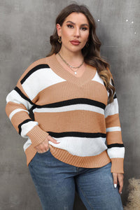Plus Size Striped V-Neck Dropped Shoulder Sweater - Pahabu - Women's Clothing & Shop
