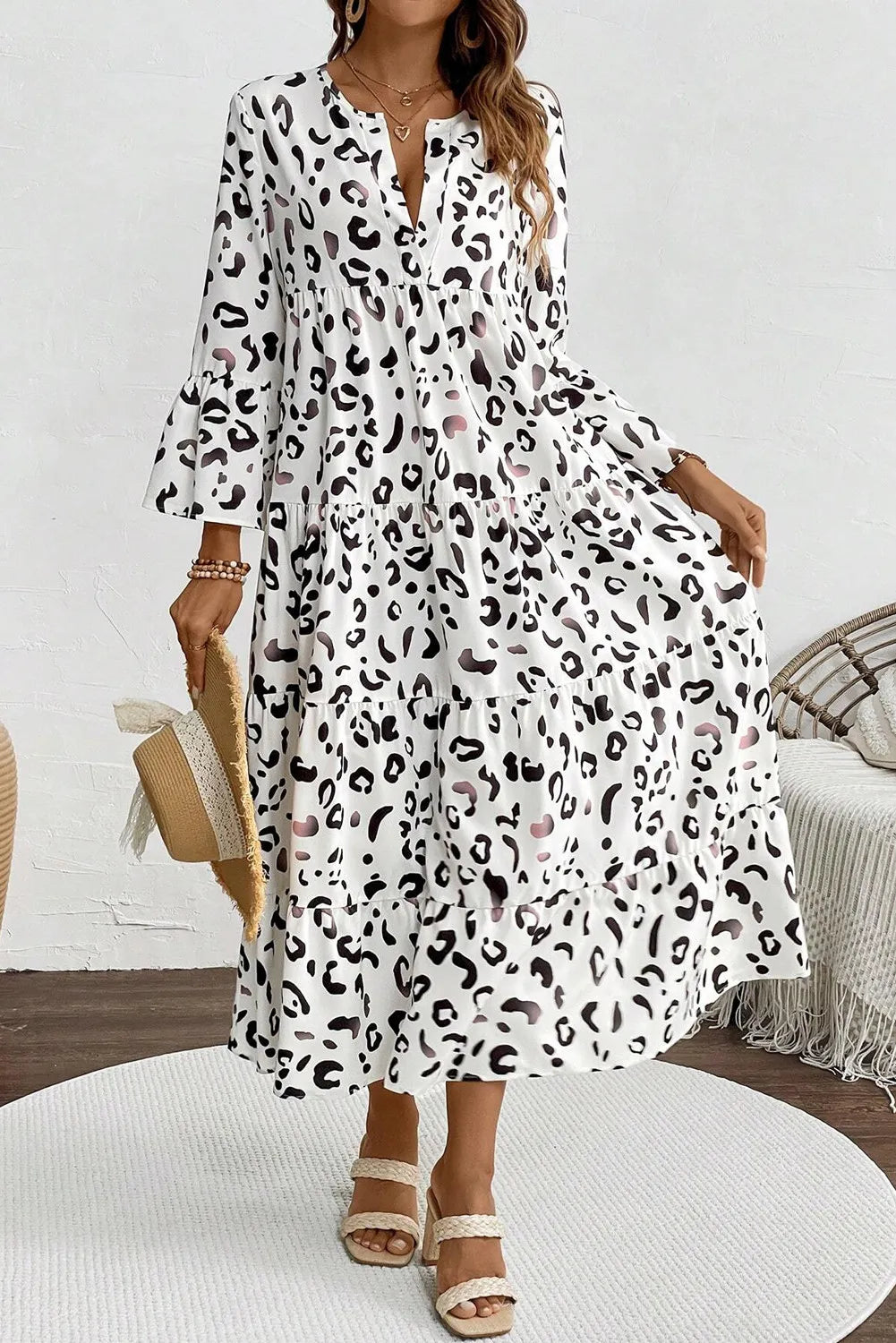 Tiered Leopard Notched Three-Quarter Sleeve Dress - Pahabu - Women's Clothing & Shop