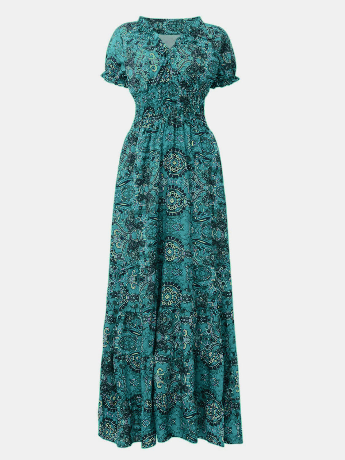 Full Size Smocked Printed V-Neck Short Sleeve Dress - Pahabu - Women's Clothing & Shop