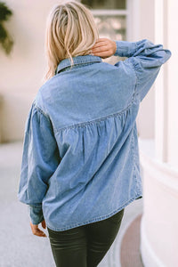 Collared Neck Lantern Sleeve Denim Top - Pahabu - Women's Clothing & Shop