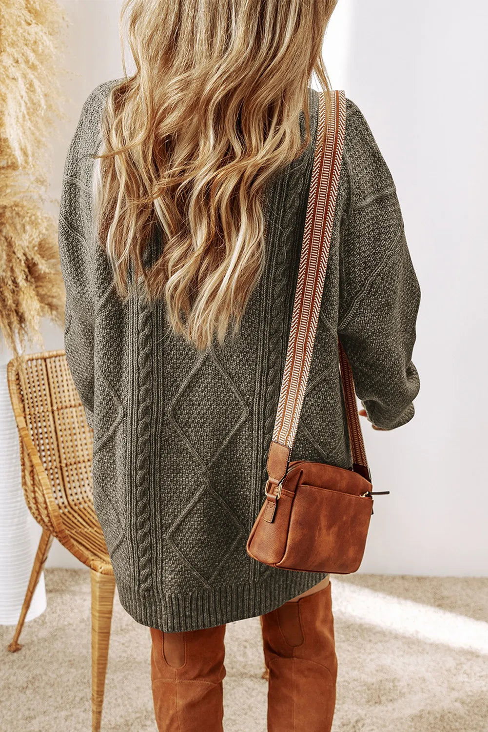 Cable-Knit Round Neck Sweater Dress - Pahabu - Women's Clothing & Shop