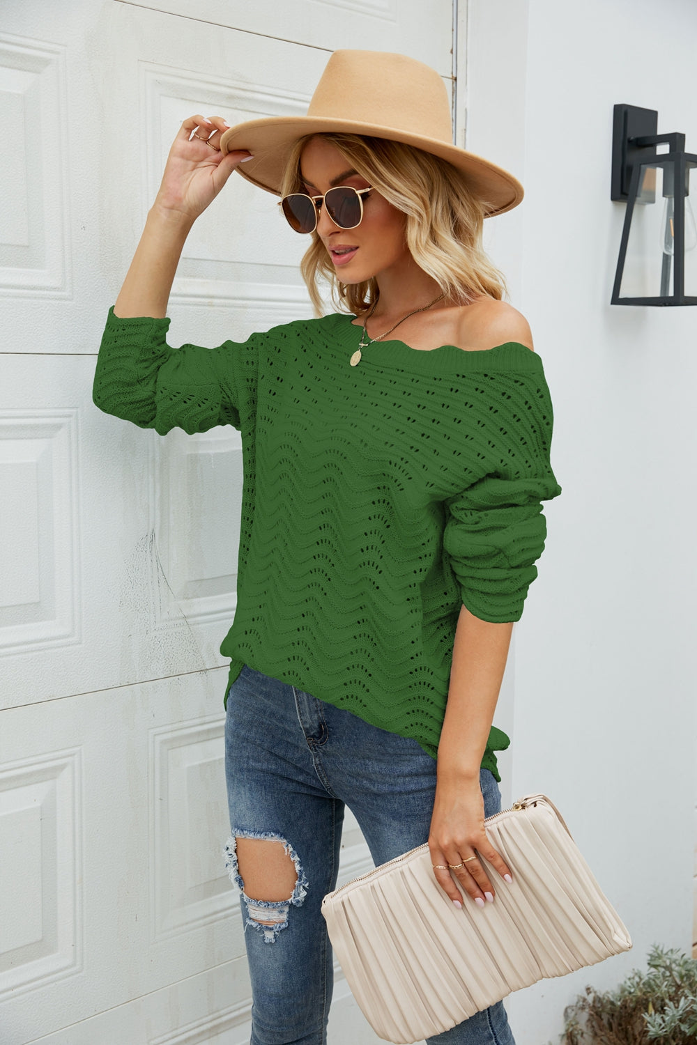 Woven Right Scalloped Boat Neck Openwork Tunic Sweater - Pahabu - Women's Clothing & Shop