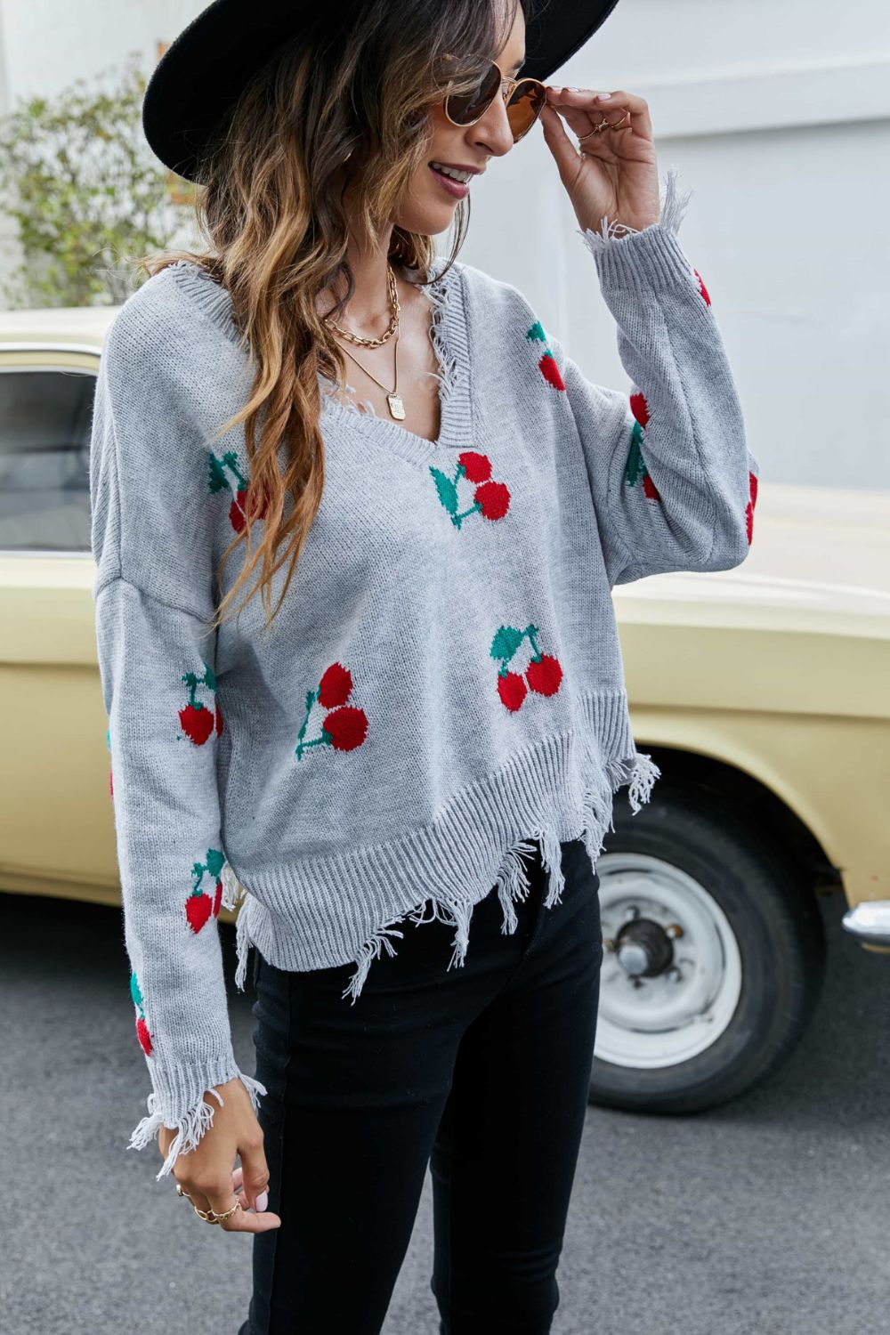 Cherry Pattern Frayed Trim V-Neck Sweater - Pahabu - Women's Clothing & Shop