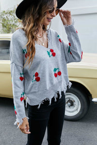 Cherry Pattern Frayed Trim V-Neck Sweater - Pahabu - Women's Clothing & Shop