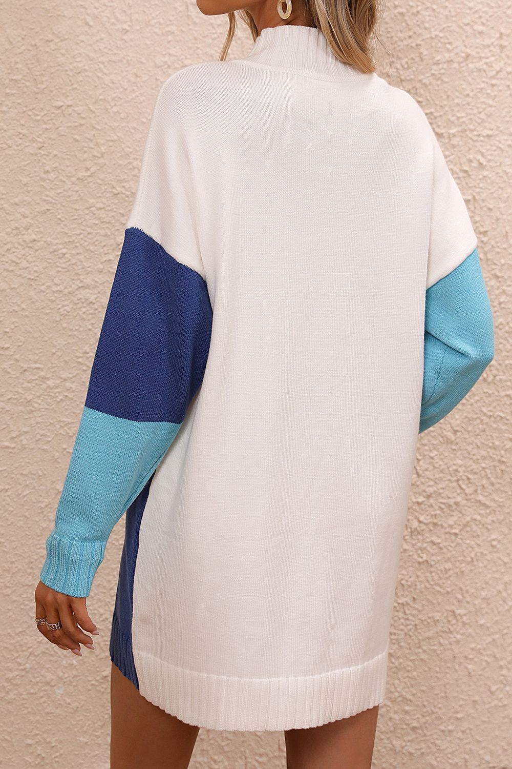 Color Block Mock Neck Dropped Shoulder Sweater Dress - Pahabu - Women's Clothing & Shop