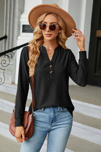 Notched Neck Long Sleeve Buttoned Blouse - Pahabu - Women's Clothing & Shop