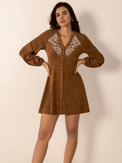 Notched Button Down Long Sleeve Mini Dress - Pahabu - Women's Clothing & Shop