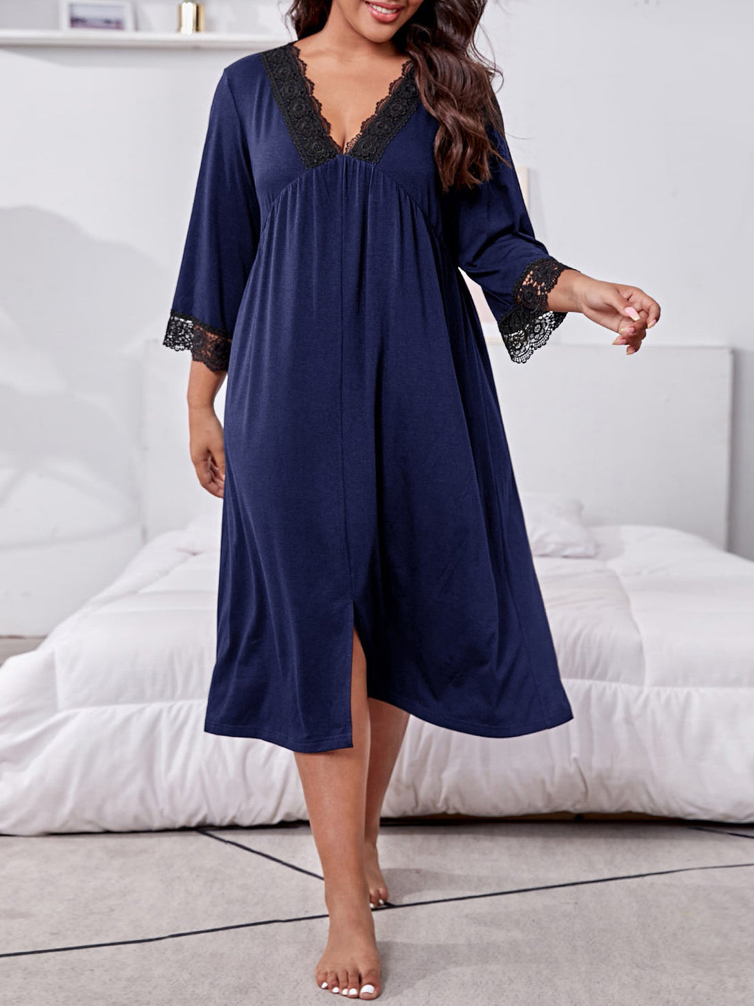 Plus Size Lace Detail V-Neck Lounge Dress - Pahabu - Women's Clothing & Shop