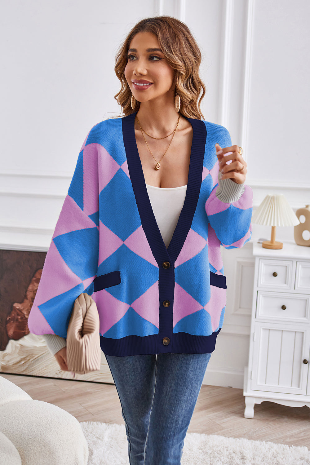 Geometric Lantern Sleeve Cardigan with Pockets - Pahabu - Women's Clothing & Shop