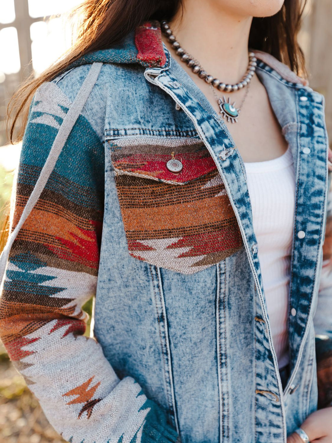 Raw Hem Geometric Hooded Denim Jacket - Pahabu - Women's Clothing & Shop
