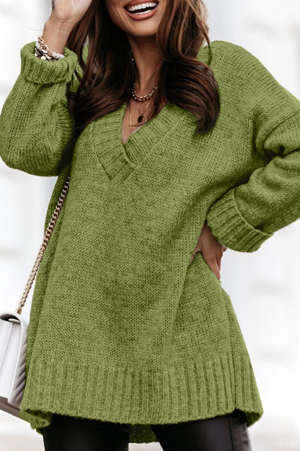 V-Neck Dropped Shoulder Sweater - Pahabu - Women's Clothing & Shop