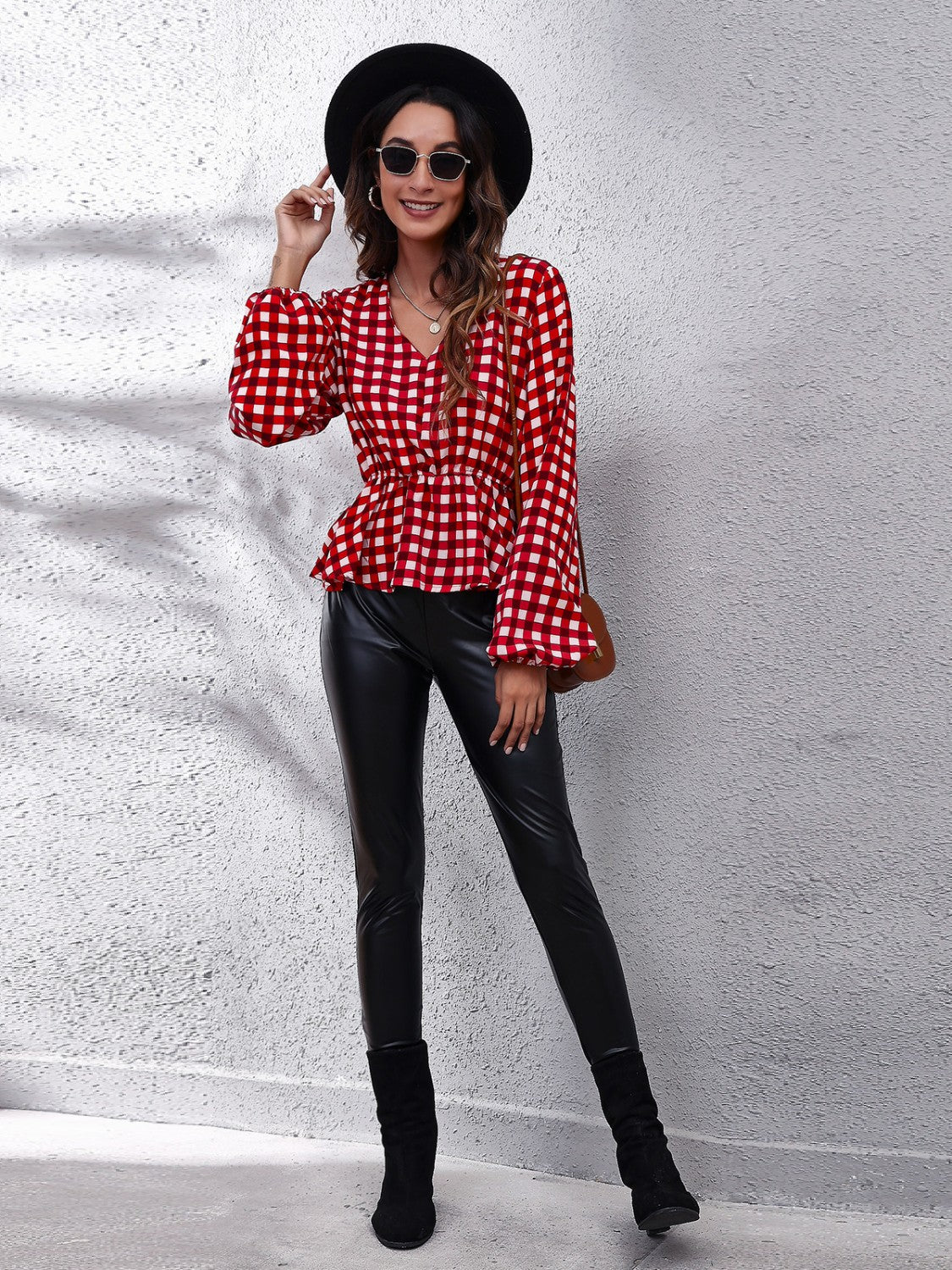 Plaid V-Neck Balloon Sleeve Peplum Blouse - Pahabu - Women's Clothing & Shop