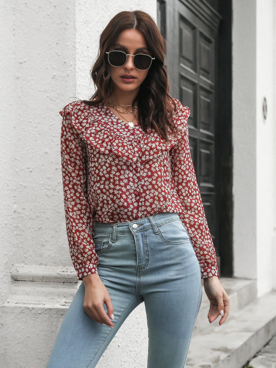 Printed Statement Collar Long Sleeve Blouse - Pahabu - Women's Clothing & Shop