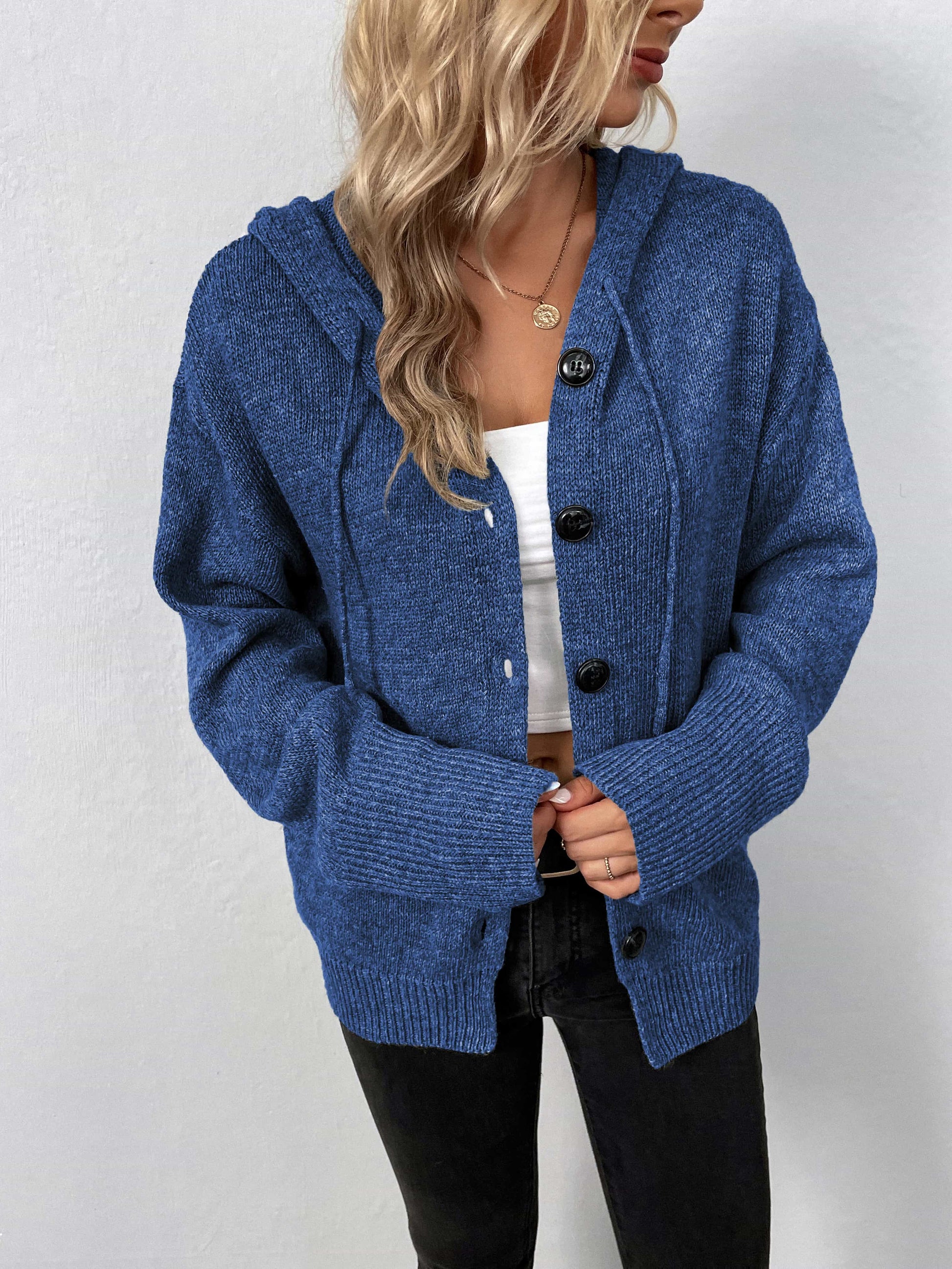 Button-Down Long Sleeve Hooded Sweater - Pahabu - Women's Clothing & Shop