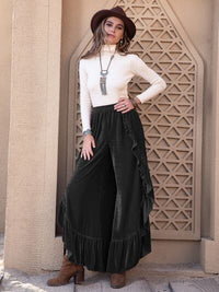 Ruffle Trim Wide Leg Slit Pants - Pahabu - Women's Clothing & Shop
