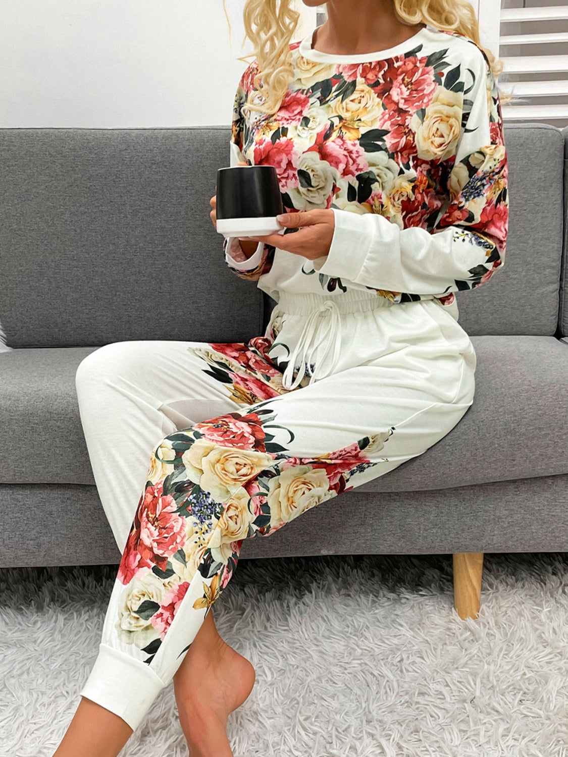Shiny Printed Round Neck Top and Pants Lounge Set - Pahabu - Women's Clothing & Shop