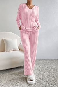 Ribbed V-Neck Top and Pants Lounge Set - Pahabu - Women's Clothing & Shop