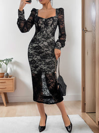 Perfee Lace Sweetheart Neck Long Sleeve Midi Dress - Pahabu - Women's Clothing & Shop