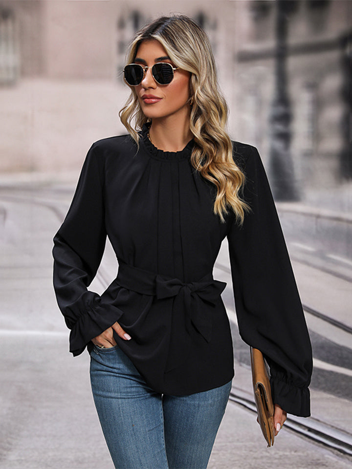 Perfee Round Neck Tie Waist Long Sleeve Blouse - Pahabu - Women's Clothing & Shop
