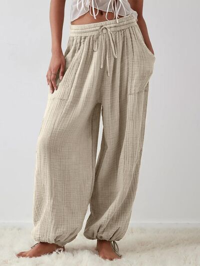 Textured Tied Pants with Pockets - Pahabu - Women's Clothing & Shop