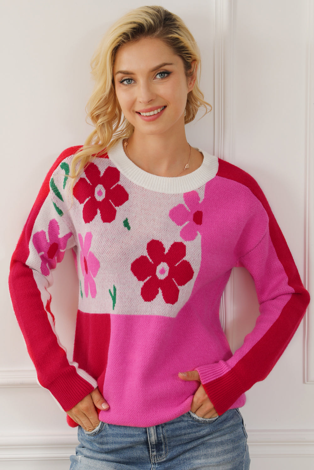 Floral Round Neck Dropped Shoulder Sweater - Pahabu - Women's Clothing & Shop