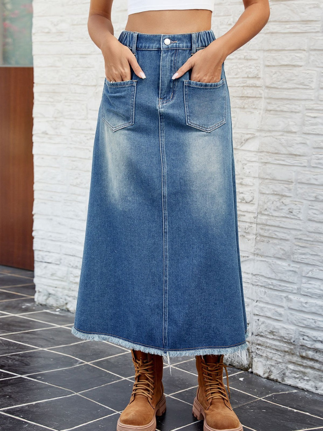 Raw Hem Buttoned Denim Skirt with Pockets - Pahabu - Women's Clothing & Shop