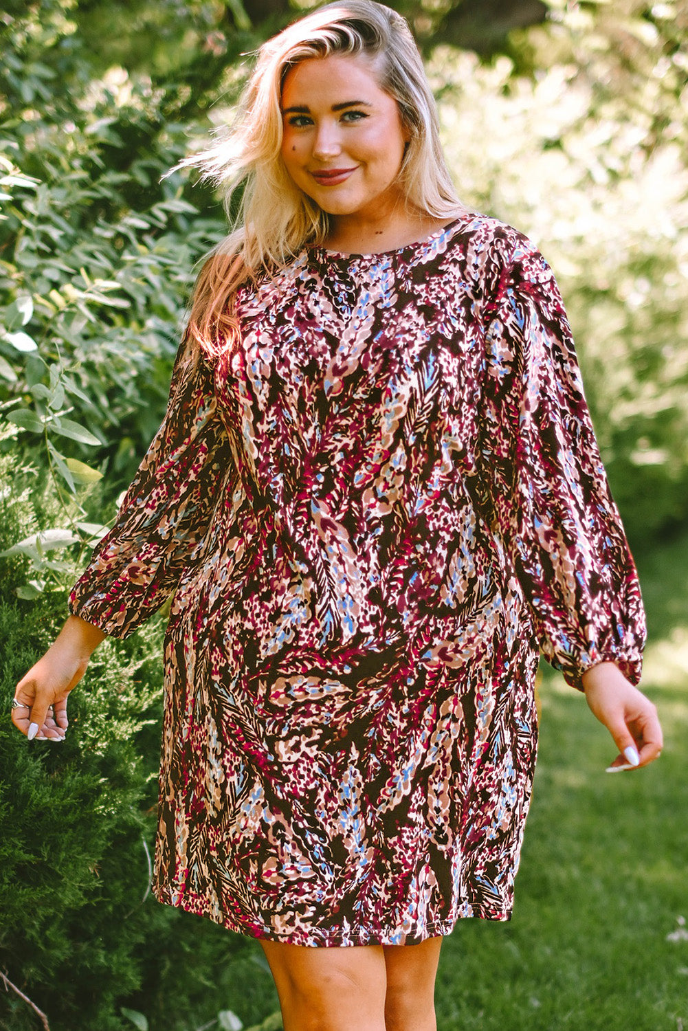 Plus Size Printed Round Neck Long Sleeve Mini Dress - Pahabu - Women's Clothing & Shop