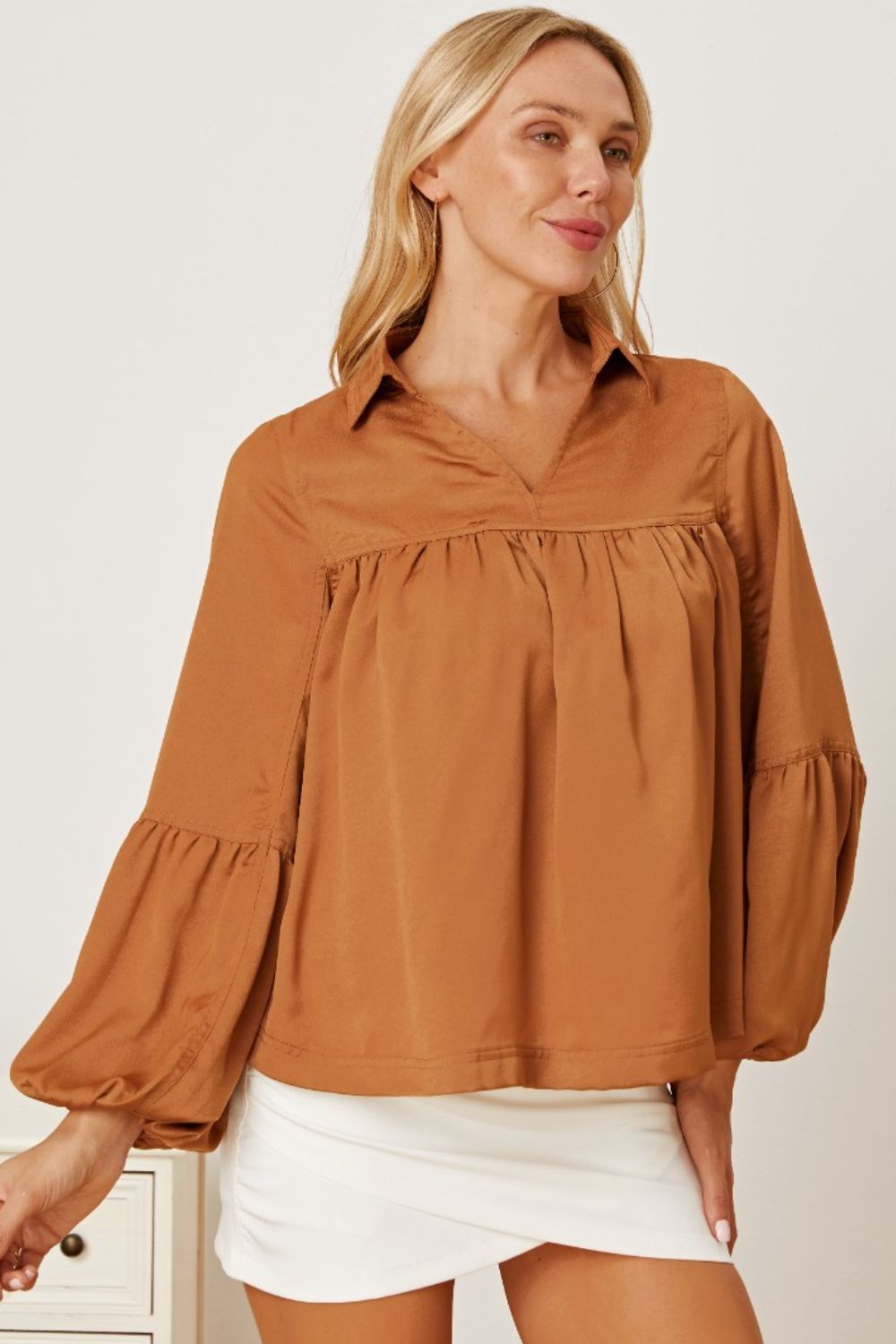 Balloon Sleeve Collared Neck Blouse - Pahabu - Women's Clothing & Shop