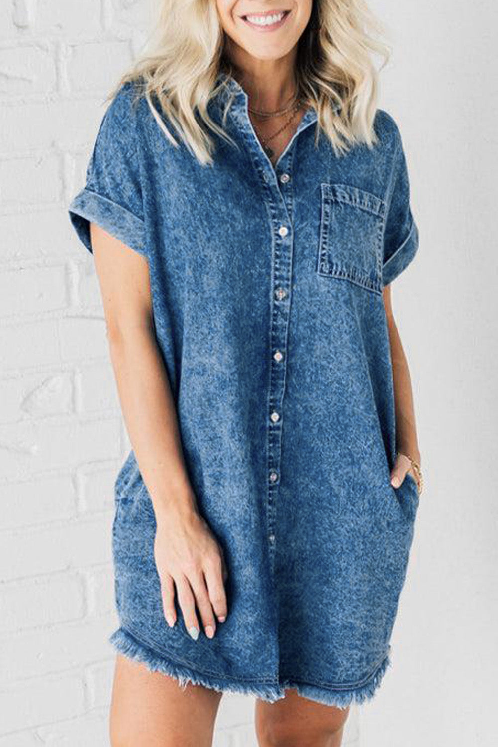 Raw Hem Pocketed Cap Sleeve Denim Dress - Pahabu - Women's Clothing & Shop