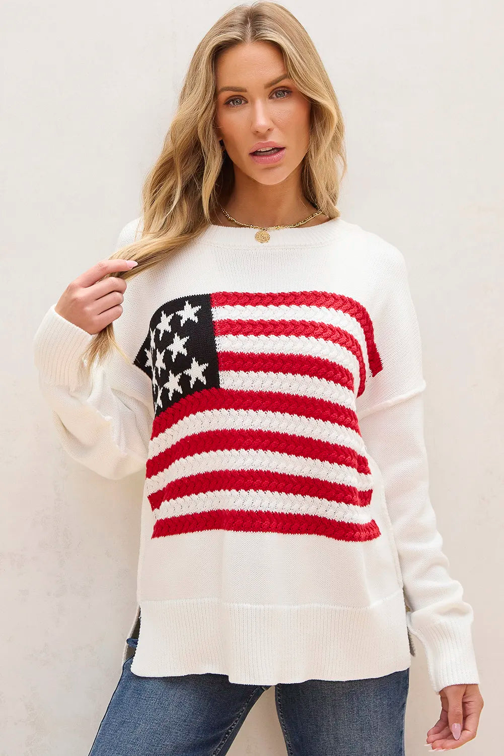 US Flag Round Neck Long Sleeve Knit Top - Pahabu - Women's Clothing & Shop