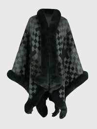 Checkered Faux Fur Trim Poncho - Pahabu - Women's Clothing & Shop