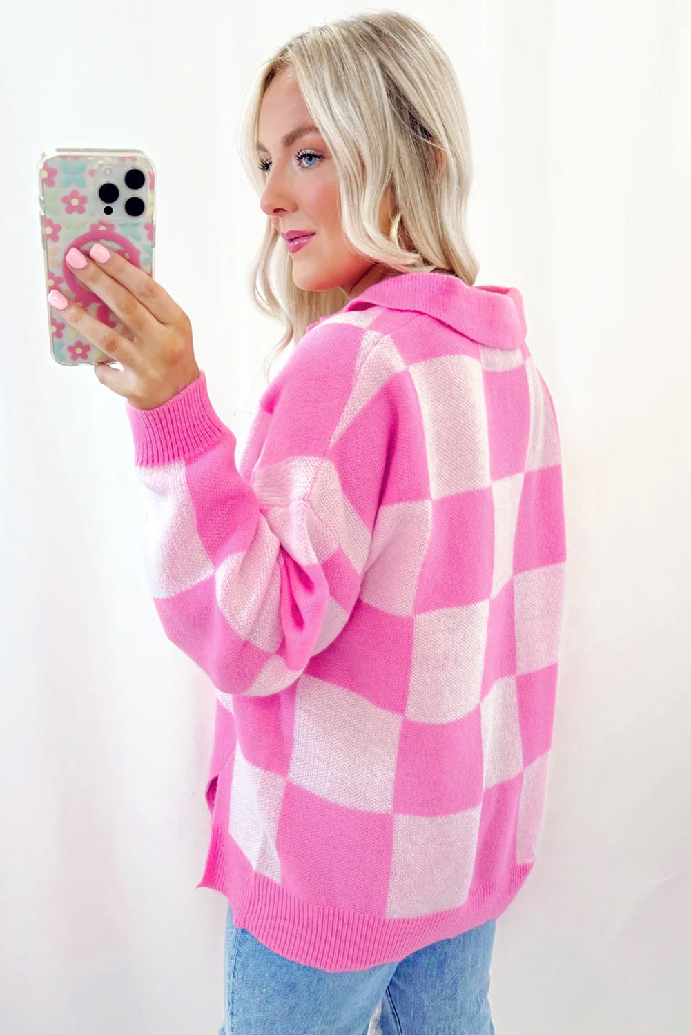 Slit Checkered Half Button Long Sleeve Sweater - Pahabu - Women's Clothing & Shop