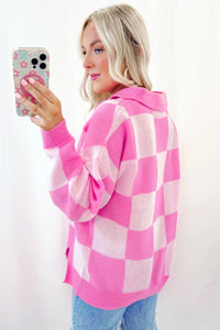 Slit Checkered Half Button Long Sleeve Sweater - Pahabu - Women's Clothing & Shop