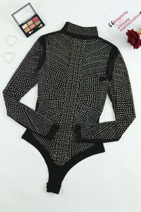 Rhinestone Mock Neck Long Sleeve Bodysuit - Pahabu - Women's Clothing & Shop