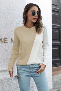 Contrast Color Round Neck Long Sleeve Sweater - Pahabu - Women's Clothing & Shop