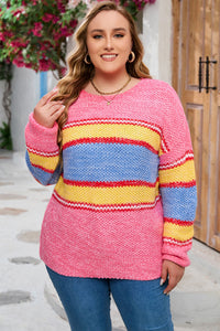 Plus Size Color Block Round Neck Long Sleeve Sweater - Pahabu - Women's Clothing & Shop