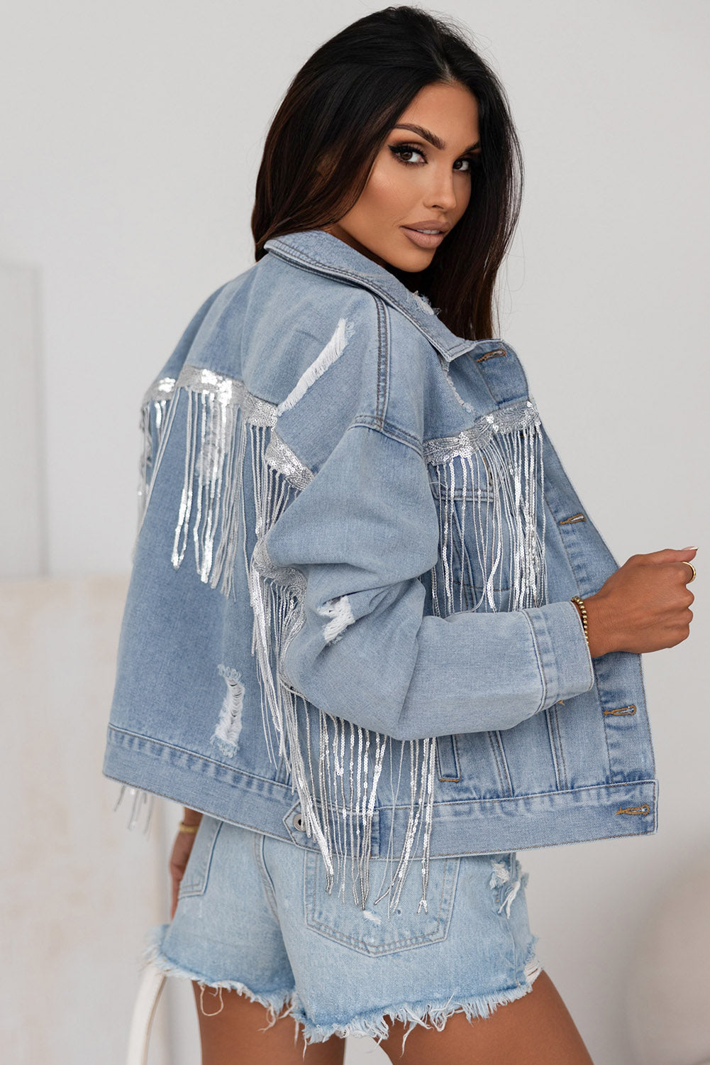 Sequin Fringe Trim Distressed Button Up Denim Jacket - Pahabu - Women's Clothing & Shop